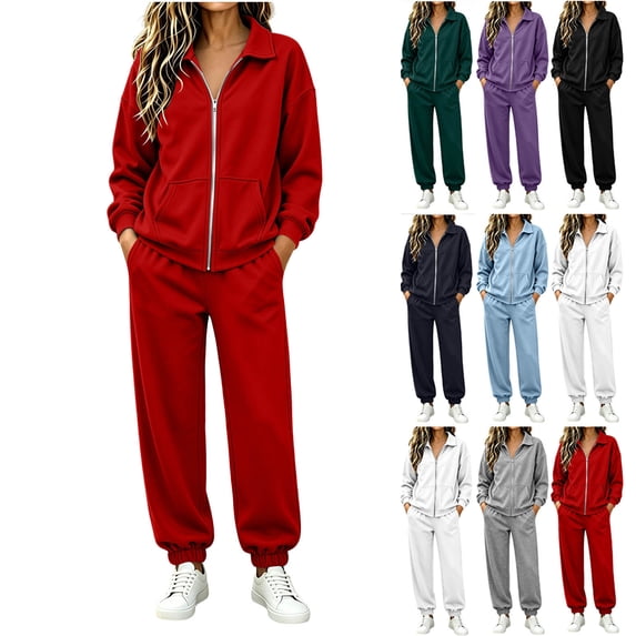 MexChoioe Womens Soft Solid Color 2 Piece Tracksuit Stand Collar Full Zip Sweatshirt and Jogger Pants Streetwear Sports Outfit Set for Womens