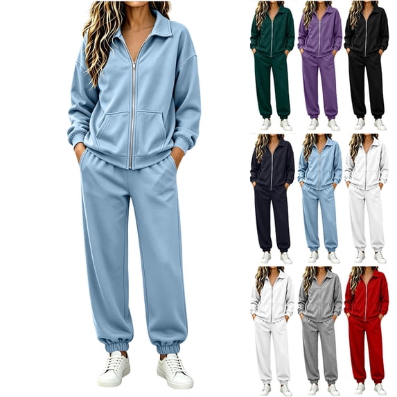 MexChoioe Womens Soft Solid Color 2 Piece Tracksuit Stand Collar Full Zip Sweatshirt and Jogger Pants Streetwear Sports Outfit Set for Womens