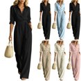 thumbnail image 1 of MexChoioe Womens Solid Color Lapel Button Jumpsuits 5 Sleeve Elastic Waist Pocket Wide Leg One Piece Outfits, 1 of 6