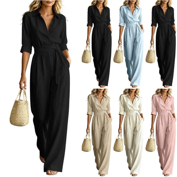 MexChoioe Womens Solid Color Lapel Button Jumpsuits 5 Sleeve Elastic Waist Pocket Wide Leg One Piece Outfits