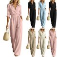 thumbnail image 1 of MexChoioe Womens Solid Color Lapel Button Jumpsuits 5 Sleeve Elastic Waist Pocket Wide Leg One Piece Outfits, 1 of 6