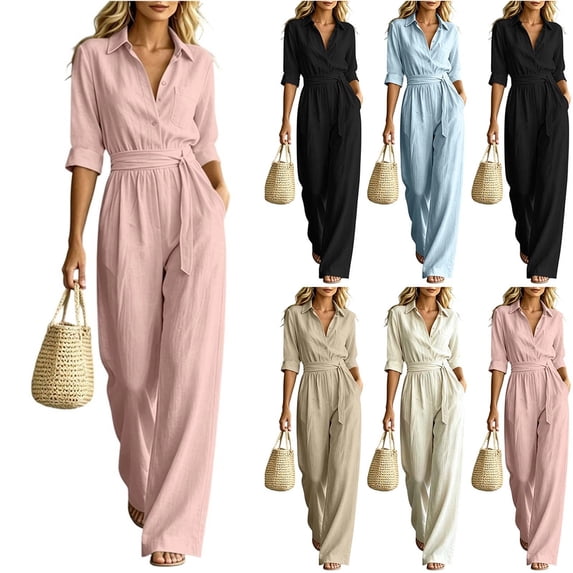 MexChoioe Womens Solid Color Lapel Button Jumpsuits 5 Sleeve Elastic Waist Pocket Wide Leg One Piece Outfits