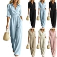 thumbnail image 1 of MexChoioe Womens Solid Color Lapel Button Jumpsuits 5 Sleeve Elastic Waist Pocket Wide Leg One Piece Outfits, 1 of 6
