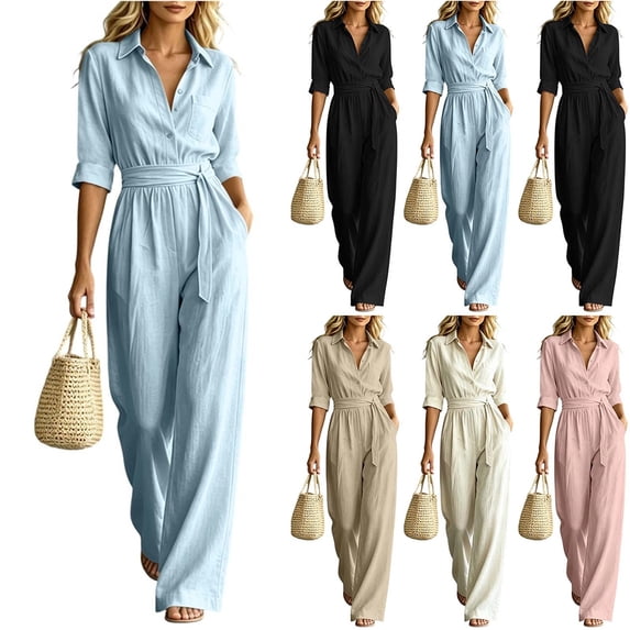 MexChoioe Womens Solid Color Lapel Button Jumpsuits 5 Sleeve Elastic Waist Pocket Wide Leg One Piece Outfits