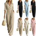 thumbnail image 1 of MexChoioe Womens Solid Color Lapel Button Jumpsuits 5 Sleeve Elastic Waist Pocket Wide Leg One Piece Outfits, 1 of 6