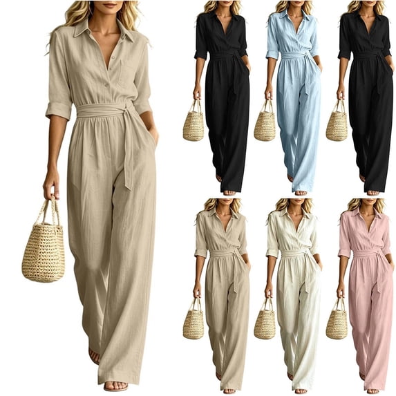 MexChoioe Womens Solid Color Lapel Button Jumpsuits 5 Sleeve Elastic Waist Pocket Wide Leg One Piece Outfits