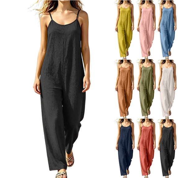 MexChoioe Womens Spaghetti Strap Jumpsuits Loose Linen Wide Leg Sleeveless Casual Rompers for Summer
