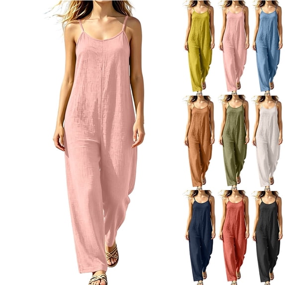 MexChoioe Womens Spaghetti Strap Jumpsuits Loose Linen Wide Leg Sleeveless Casual Rompers for Summer