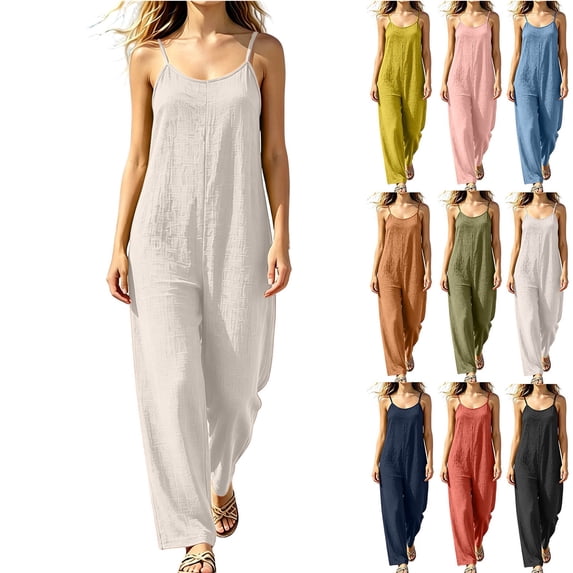 MexChoioe Womens Spaghetti Strap Jumpsuits Loose Linen Wide Leg Sleeveless Casual Rompers for Summer