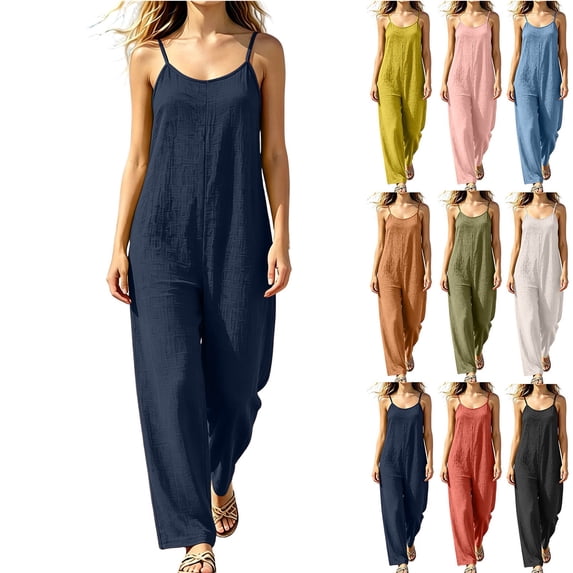 MexChoioe Womens Spaghetti Strap Jumpsuits Loose Linen Wide Leg Sleeveless Casual Rompers for Summer