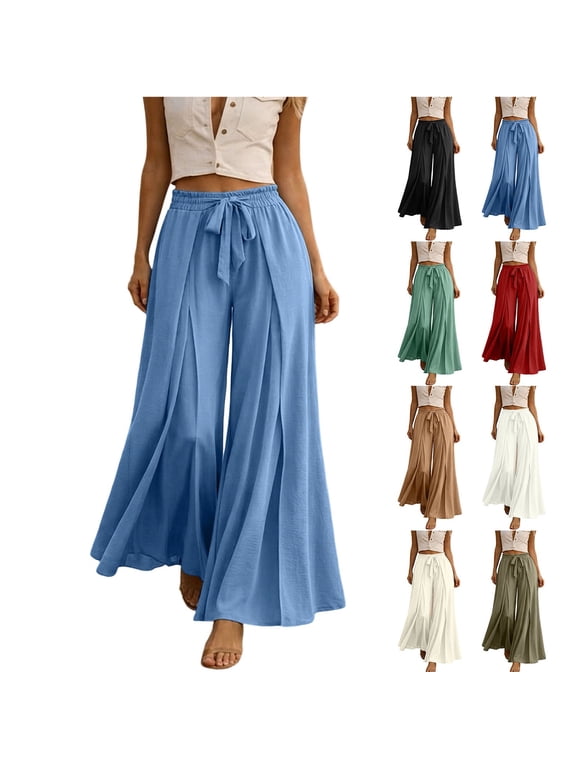 Womens Split Wide Leg Culottes Elastic Waist Drawstring Flowy Casual Vacation Beach Pants