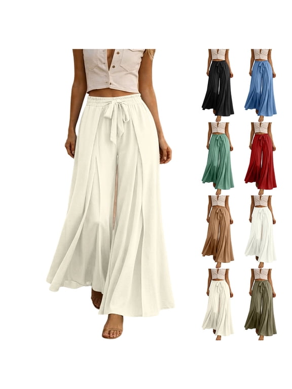 Womens Split Wide Leg Culottes Elastic Waist Drawstring Flowy Casual Vacation Beach Pants