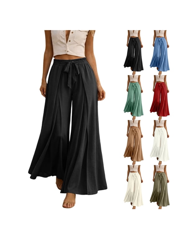 Womens Split Wide Leg Culottes Elastic Waist Drawstring Flowy Casual Vacation Beach Pants