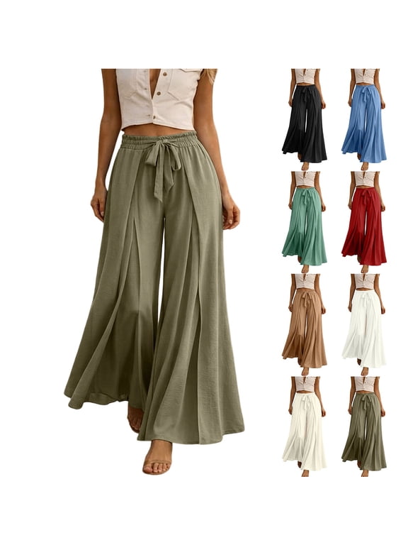 Womens Split Wide Leg Culottes Elastic Waist Drawstring Flowy Casual Vacation Beach Pants