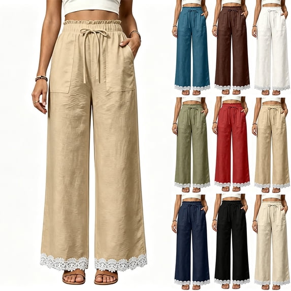 MexChoioe Womens Wide Leg Pants Ruffle Waist Drawstring Lace Hem Casual Trousers with Pockets