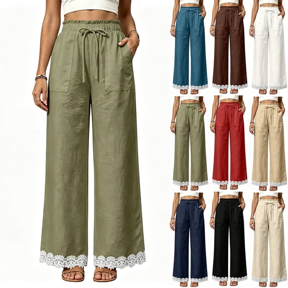 MexChoioe Womens Wide Leg Pants Ruffle Waist Drawstring Lace Hem Casual Trousers with Pockets