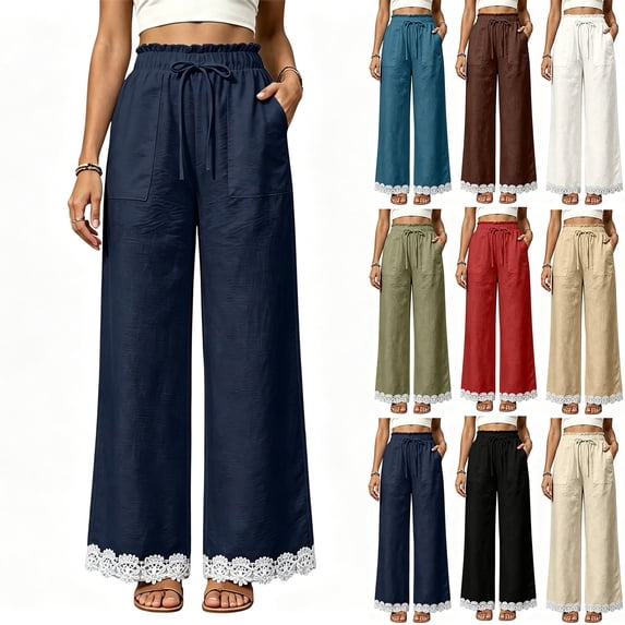 MexChoioe Womens Wide Leg Pants Ruffle Waist Drawstring Lace Hem Casual Trousers with Pockets