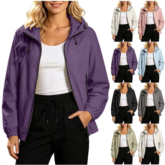 MexChoioe Womens Windbreaker Jacket Full Zip Hooded Long Sleeve Drawstring Running Hiking Biker Relaxed Outerwear for Womens