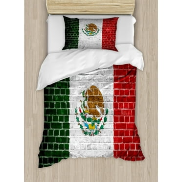 Mexica Duvet Cover Set Twin Size, Latina Country Flag with Brick Wall Effect Background Eagle Eating Serpent Motif, Decorative 2 Piece Bedding Set with 1 Pillow Sham, Multicolor, by Ambesonne