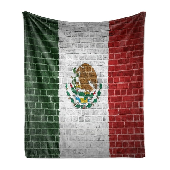 Mexica Soft Flannel Fleece Throw Blanket, Latina Country Flag with Brick Wall Effect Background Eagle Eating Serpent Motif, Cozy Plush for Indoor and Outdoor Use, 70" x 90", Multicolor, by Ambesonne