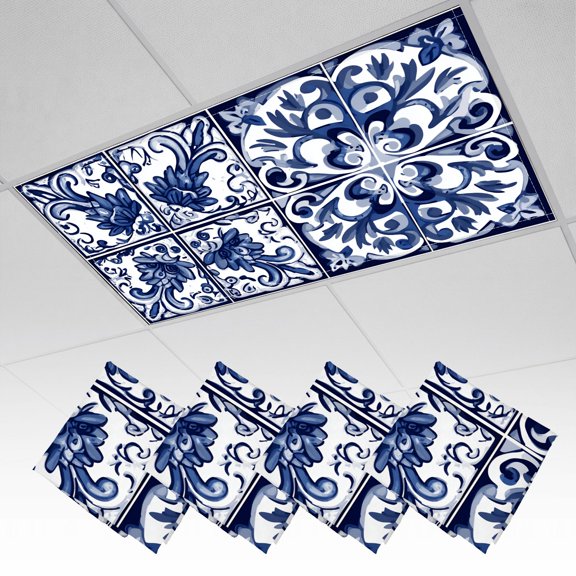 Mexican 4 Pack Magnetic Ceiling Light Covers 2 x 4 Feet, Blue White Floral Tile Ornate Details Light Shades & Filters for Office Classroom Drop Ceiling Flat Panel Lights