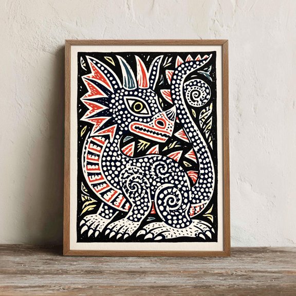Mexican Alebrije Dragon Wall Art Print, Colorful Folk Linocut Decor
