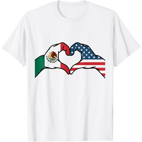 Mexican American Flag Print Heart Hands Love Mexico USA T-Shirt
