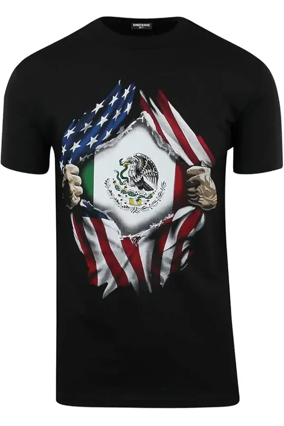 Mexican American Heritage Pride Ripped USA Flag Mexico Eagle Graphic Tee Men's Black Cotton T-Shirt Retro Patriotic Roots Apparel