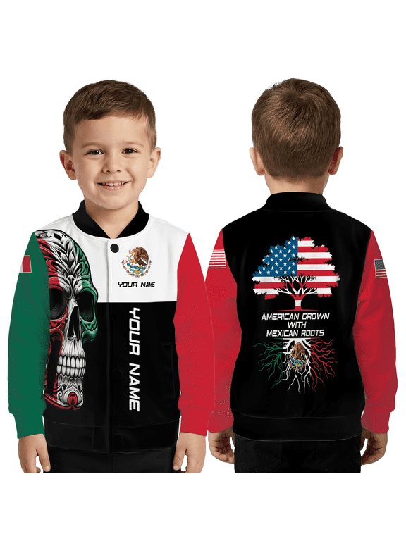 Mexican American Heritage Skull Jacket, USA Mexico Flag Roots Tree Baseball Jacket, Custom Name Patriotic Cultural Coat