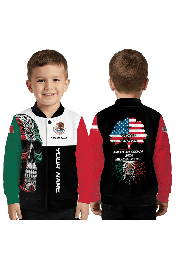 Mexican American Heritage Skull Jacket, USA Mexico Flag Roots Tree Baseball Jacket, Custom Name Patriotic Cultural Coat