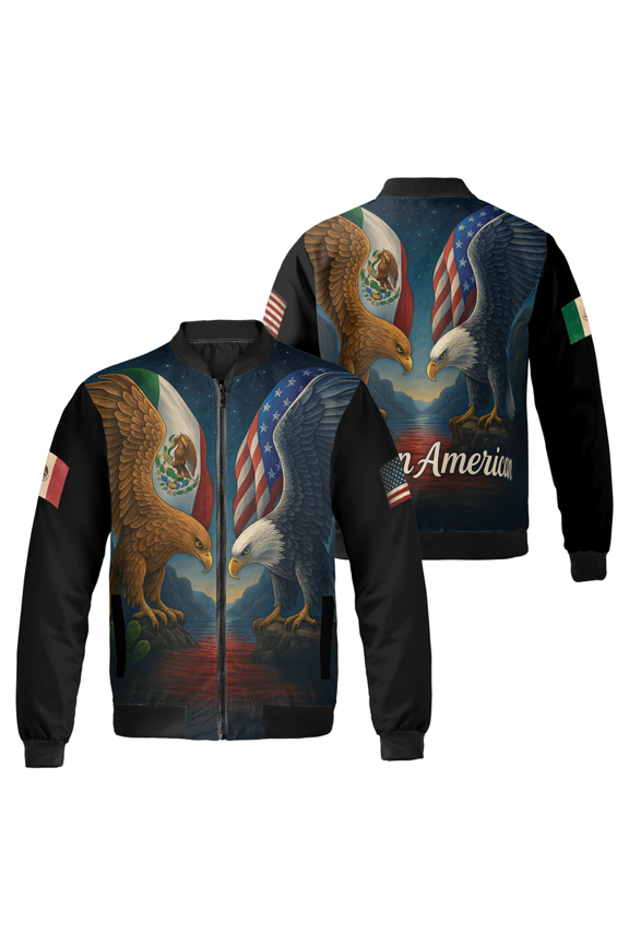 Mexican And American Eagle Print Bomber Jacket - Mexican Heritage and USA Flag Coat, Hispanic Pride Jacket