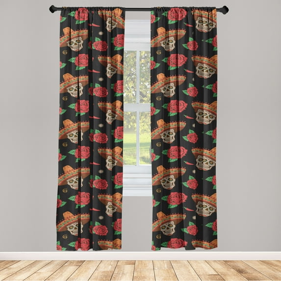 Mexican Art Window Curtains, American Traditional Skull With Round Hat and Flowers Vintage Art, Lightweight Decor 2-Panel Set with Rod Pocket, Pair of - 28"x95", Charcoal Grey Dark Coral, by Ambesonne