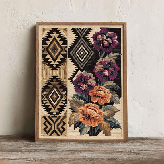 Mexican Aztec Wall Art Print, Geometric Floral Textile Decor