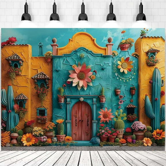 Mexican Backdrop Cabin House Cactus Carnival Party Mexican Fiesta Photography Background Outdoor Flowers Cactus Flag Birthday Party Decorations Rustic Wood House Cactus Carnival Party Banner