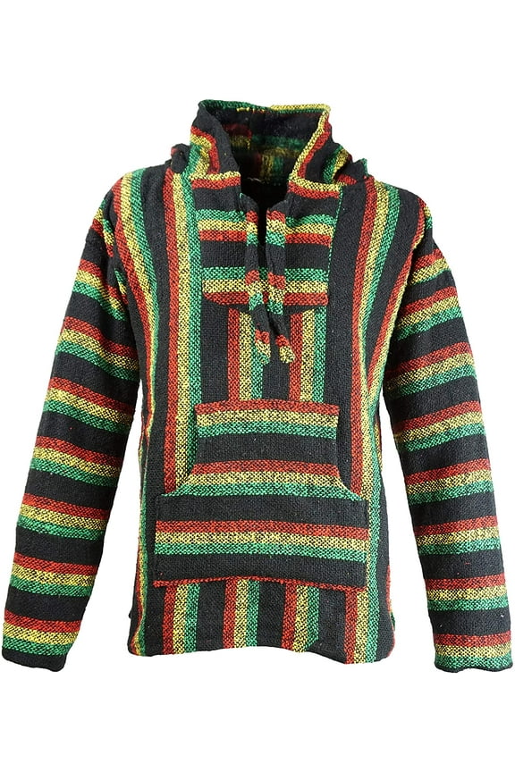 Mexican Baja Hoodie Sweater Jerga Pullover Black Rastra Medium