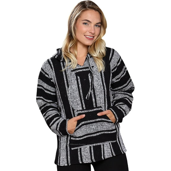 Mexican Baja Hoodie Sweater Jerga Pullover Black White Large