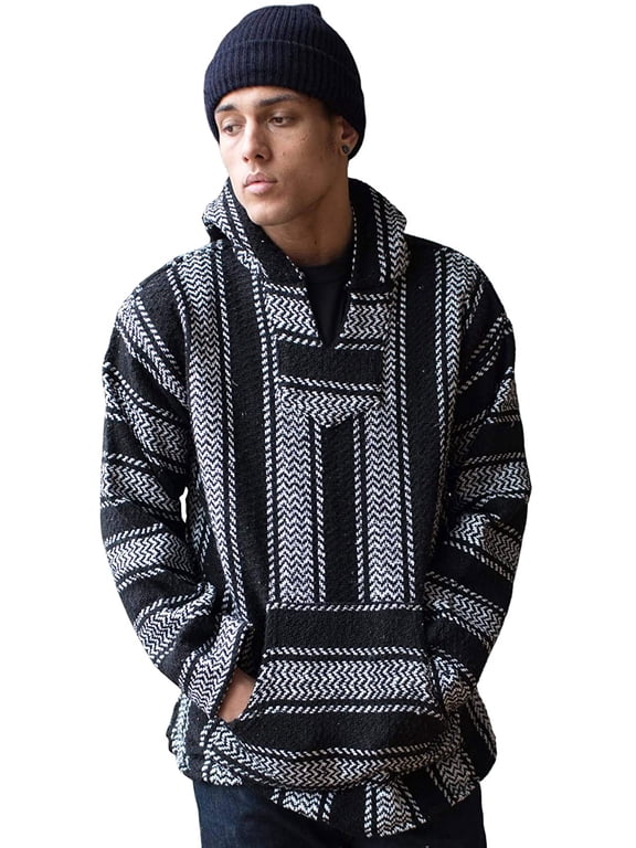 Mexican Baja Hoodie Sweater Jerga Pullover Black White Large