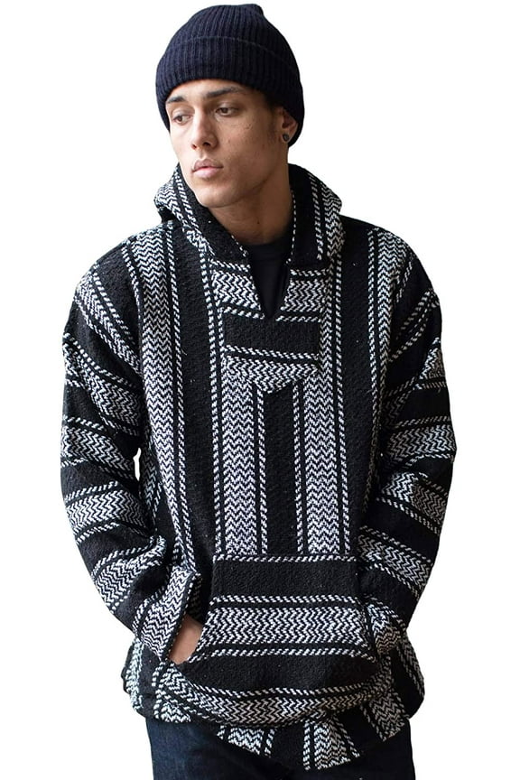Mexican Baja Hoodie Sweater Jerga Pullover Black White Large
