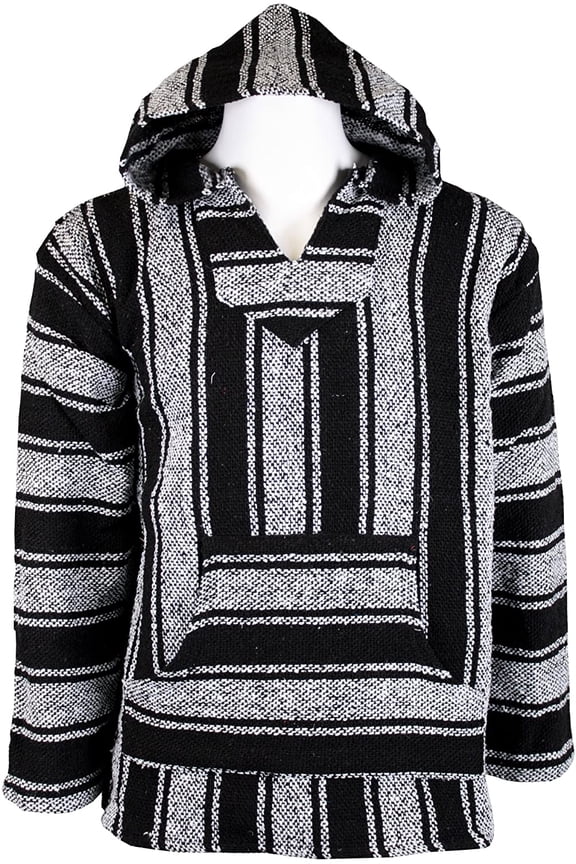 Mexican Baja Hoodie Sweater Jerga Pullover Black White Large