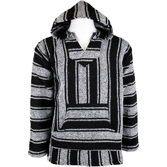 Mexican Baja Hoodie Sweater Jerga Pullover Black White XX-Large