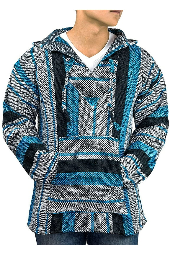 Mexican Baja Hoodie Sweater Jerga Pullover Blue Gray Medium