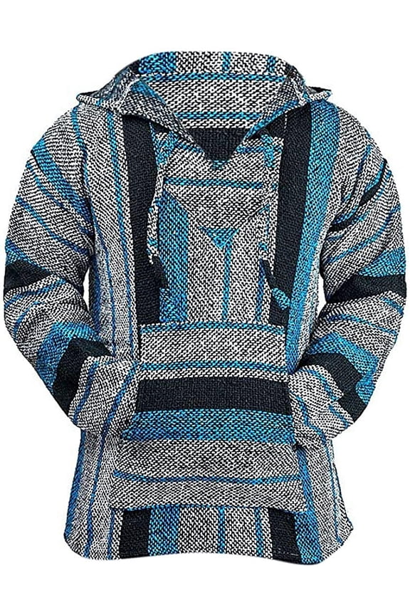 Mexican Baja Hoodie Sweater Jerga Pullover Blue Gray X-Large