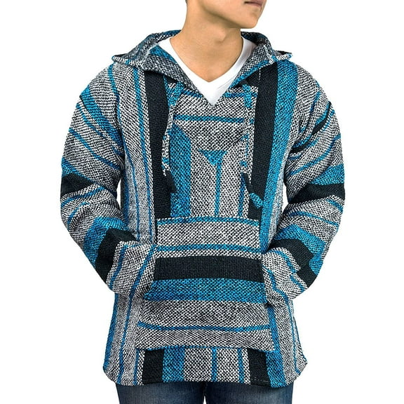 Mexican Baja Hoodie Sweater Jerga Pullover Blue Gray XX-Large