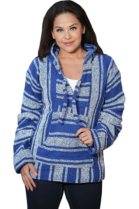 Mexican Baja Hoodie Sweater Jerga Pullover Blue White Large