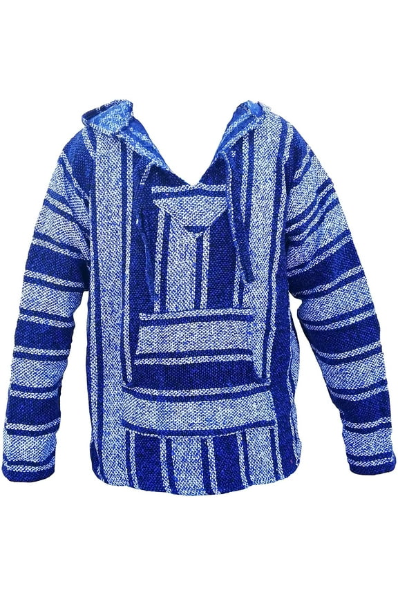 Mexican Baja Hoodie Sweater Jerga Pullover Blue White XX-Large