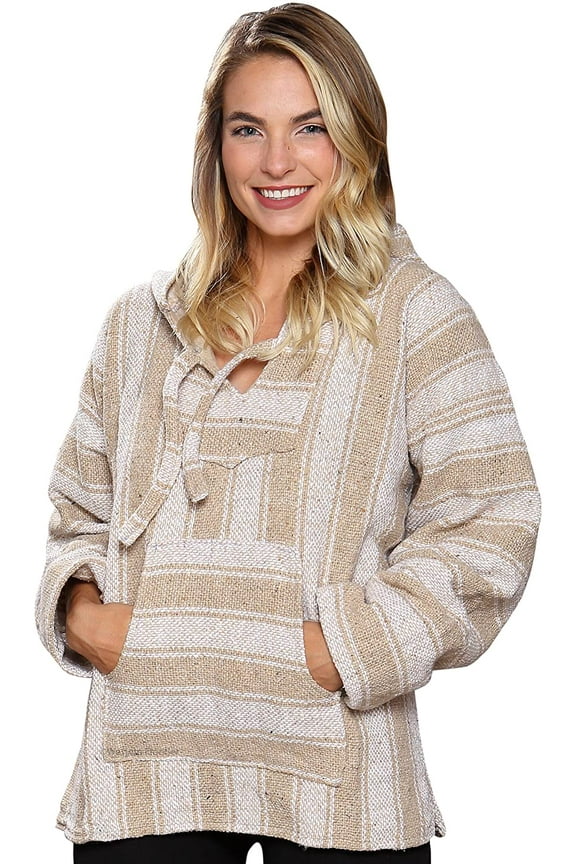 Mexican Baja Hoodie Sweater Jerga Pullover Bone White Medium