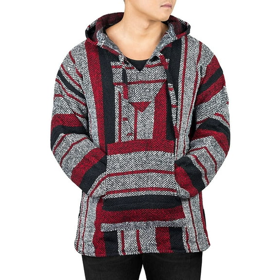 Mexican Baja Hoodie Sweater Jerga Pullover Red Gray Medium