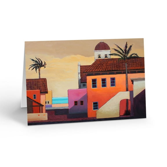Mexican Beach Homes with Bell Tower Blank Note Card - 10 Note Cards with Envelop