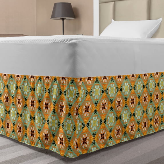 Mexican Bed Skirt, Continuous Vibrant Tones Talavera Illustration, Elastic Bedskirt Dust Ruffle Wrap Around for Bedding Decor, 4 Sizes, Orange Pistachio Green, by Ambesonne