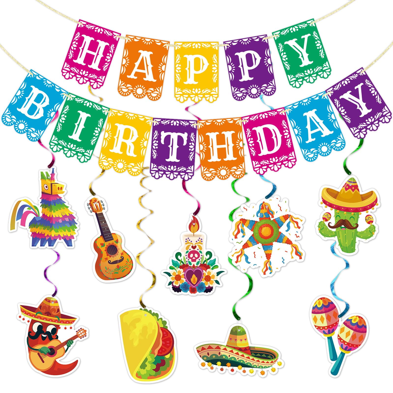 Mexican Birthday Banner, Mexican Themed Hanging Swirls, Fiesta Birthday Banner, Mexican Birthday Party Decorations, Taco Birthday Party Decor, Feliz Cumpleanos, Pre-assembled (10Pcs)